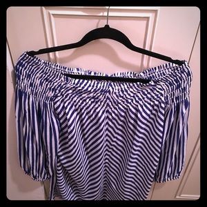 Royal Blue and White Striped Off The Shoulder Top